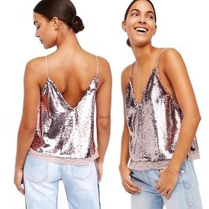 Free People Pink Silver Reverse Sequin Lace Tank